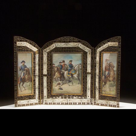 Trittico con miniature di soldati a cavallo, manifattura francese del tardo XIX secolo