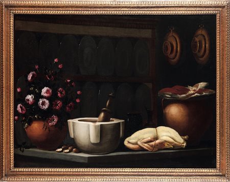 Astolfo Petrazzi 1580 Siena-1653 Siena, Interno di cucina con mortaio, pollame e vaso di fiori