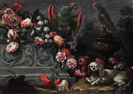 Andrea Scacciati 1642 Firenze-1710 Firenze, Natura morta con fiori, pappagalli e cagnolino