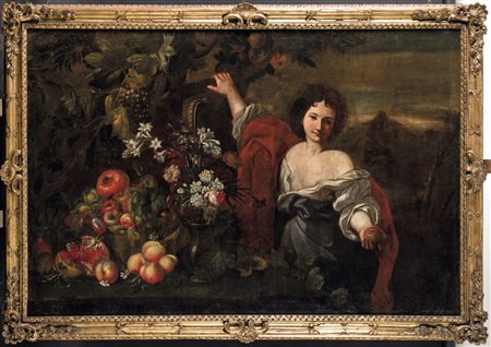 Abraham Brueghel 1631 Anversa-1697 Anversa, Figure femminili con composizioni di fiori e frutti