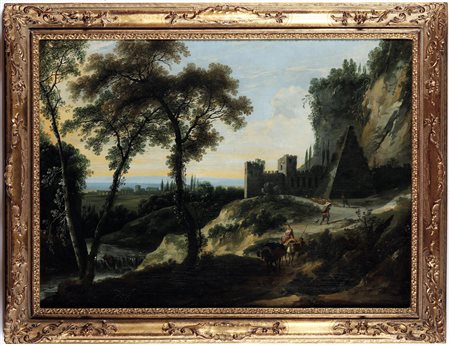 Nicolas-Didier Boguet 1755 Chantilly-1839 Roma, attribuito a, Paesaggio con contadini e rovine