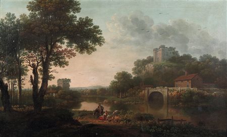 Jan Joost van Cossiau 1660-1732 ca., Paesaggio con coppia di contadini in riva al fiume