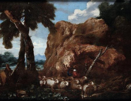 Giovanni Benedetto Castiglione 1609 Genova-1664 Mantova, ambito di, detto il Grechetto, Paesaggio con pastore e armenti
