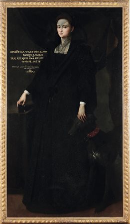 Gerolamo Frigimelica Roberti 165 Padova-1732 Modena, Ritratto di dama in abito nero con cagnolino