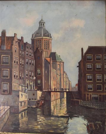 Dutch school, painting of a European city scene with canal and bridge