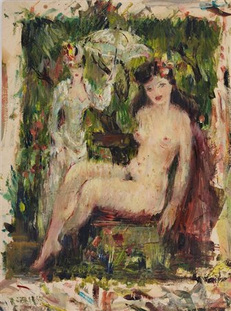 Seated Female Nude, oil on card stock