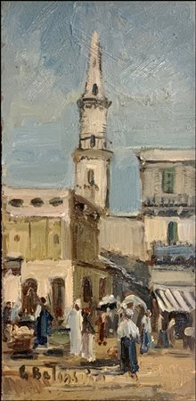 BALANSINO GIOVANNI Cuneo 1912 - Milano 1986 "Paesaggio con architetture e mercato"