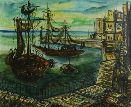 G. De Bonis PESCHERECCI AD ANTIBES, 1961 olio su tela, cm 40x50 firma sul...