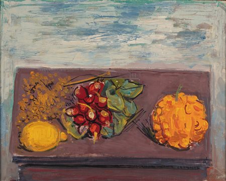 Achille Funi (Ferrara 1890-Appiano Gentile 1972)  - Natura marta con limone e rapanelli