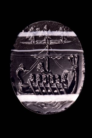 A LARGE ROMAN ITALIC BANDED AGATE INTAGLIO. ULYSSES ON THE BOAT. 