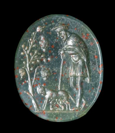A FINE ROMAN BLOODSTONE INTAGLIO. FAUSTULUS WITH THE SHEWOLF FEEDING ROMULUS AND REMUS. 