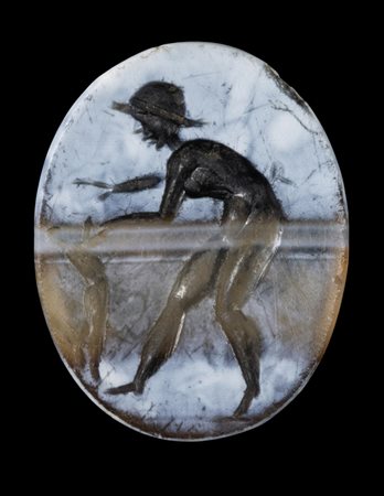 A ROMAN BURNT BANDED AGATE INTAGLIO. YOUNG SHEPHERD PLAYING WITH A HARE. 