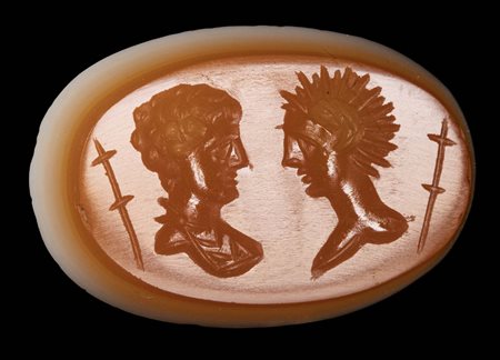 A LARGE ROMAN TWO LAYERED AGATE INTAGLIO. DOUBLE BUST PORTRAIT. 