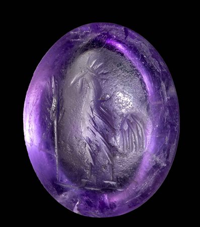 A ROMAN AMETHYST INTAGLIO. ROOSTER WITH AN EAR OF CORN.