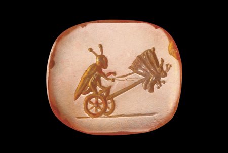A ROMAN CARNELIAN INTAGLIO. GRASSHOPPER DRIVING A CHARIOT DRAWN BY TWO BUTTERFLYES. 