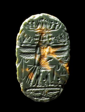 A LARGE GREEN AND YELLOW JASPER MAGICAL INTAGLIO. BES-PANTHEOS.