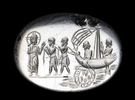 A RARE EARLY CHRISTIAN ROCK CRYSTAL INTAGLIO. 1ST MIRACLE OF THE CHRIST. THE MIRACULOUS DRAUGHT OF FISHES.