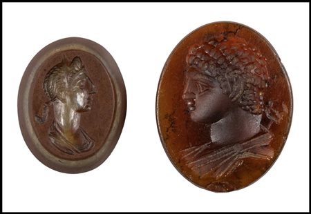 A LOT OF 2 AGATE INTAGLIOS. PORTRAIT OF AN EMPRESS AND A BUST OF HERMES.