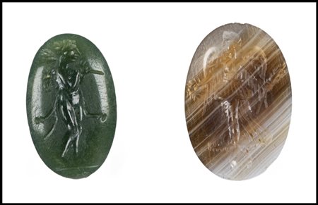 A LOT OF 2 EASTERN ROMAN GREEN CHALCEDONY AND AGATE INTAGLIOS. OMPHALE - NIKE. 