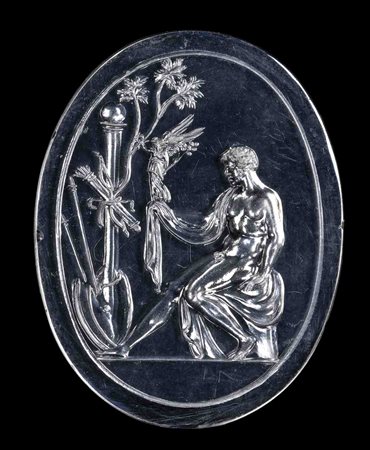 A LARGE RENAISSANCE ROCK CRYSTAL INTAGLIO ATTRIBUITED TO VALERIO BELLI. ALLEGORICAL SCENE WITH SEATED HERO AND ASSOCIATED EMBLEMA.  