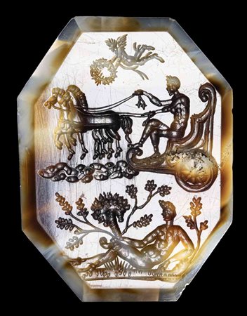 A LARGE OCTAGONAL AGATE INTAGLIO. ALLEGORICAL SCENE WITH A MAN ON A CHARIOT. 