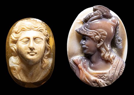 A LOT OF TWO AGATE CAMEOS. FRONTAL MALE BUST AND HELMETED WARRIOR. 