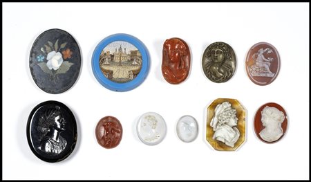 A LOT OF 11 ITEMS INCLUDING A MISCELLANEA OF CAMEOS, INTAGLIOS, A MICROMOSAICO AND AN HARDSTONE INTARSIO. VARIOUS SUBJECTS  AND VARIOUS MATERIALS. 