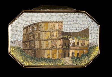 AN OCTAGONAL  MICROMOSAIC SET IN A GOLD RING. THE COLOSSEUM. 