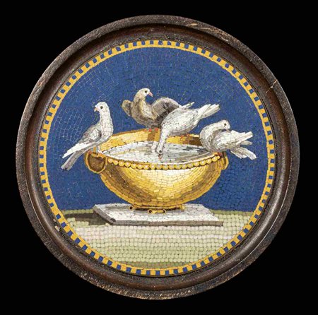 A LARGE GRAND TOUR MICROMOSAIC SET IN A WOODEN FRAME. DOVES OF PLINY ON  A FOUNTAIN. 