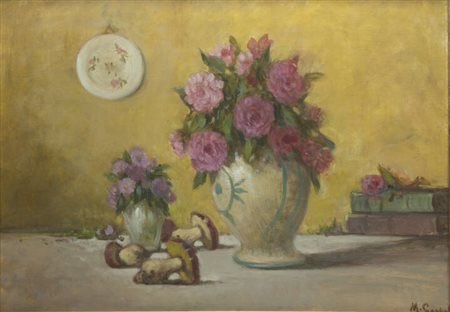 MARIO GACHET<BR>Torino 1879 - 1981<BR>"Natura morta con vaso di fiori e funghi"