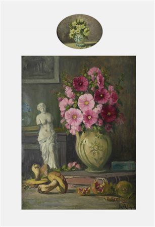 MARIO GACHET<BR>Torino 1879 - 1981<BR>"Lotto di due dipinti"<BR>a - Natura morta con fiori, scultura e funghi<BR>b - Vaso di fiori