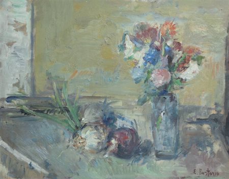 PASTORIO EZIO<BR>Cremona 1911 - 2006 Milano<BR>"Natura morta con vaso di fiori"