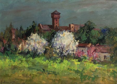 FELICE VELLAN<BR>Torino 1889 - 1976<BR>"Ciliegi e peschi in primavera a Mazzè ( Caluso)" 1962