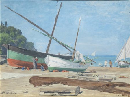 LUIGI CALDERINI<BR>Torino 1880 - 1973<BR>"Sulla spiaggia di Sestri" 1925