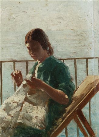 GIOLI LUIGI (attribuito a)<BR>San Frediano a Settimo (PI) 1854 - 1947 Firenze<BR>"Donna che cuce"