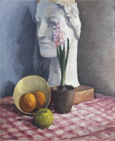 TEONESTO DEABATE<BR>Torino 1898 - 1981<BR>"Natura morta con testa in gesso, fiori e frutta" 1930