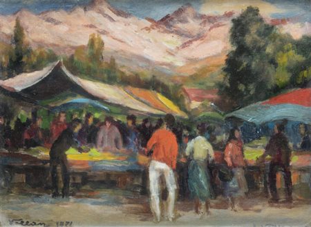 FELICE VELLAN<BR>Torino 1889 - 1976<BR>"Mercato a Bardonecchia" 1971