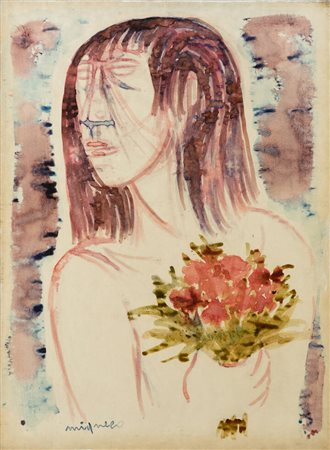 GIUSEPPE MIGNECO<BR>Messina 1908 - 1997 Milano<BR>"Ragazza con fiori" 1967