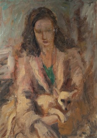 RICCARDO CHICCO<BR>Torino 1910 - 1973<BR>"Signora con cagnolino in braccio"