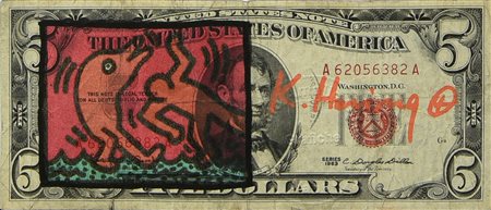 Keith Haring (1958 - 1990) FIVE DOLLAR intervento su banconota, cm 6,6x15,6...