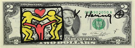 Keith Haring (1958 - 1990) TWO DOLLARS BILL pennafeltro su banconota, cm...