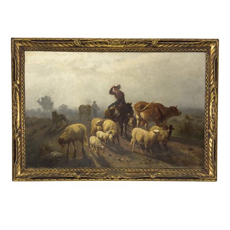 Rosa Bonheur Bordeaux 1822 - Thomery 1899, Paesaggio con contadina e armenti,...