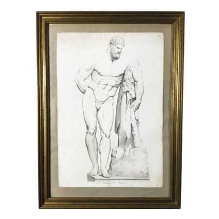 Incisione raffigurante l'Ercole Farnese, XIX secolo, il foglio cm. 53x35,5