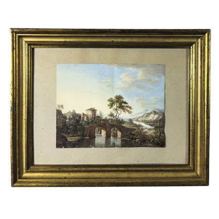 Pittore della fine del XVIII secolo, Paesaggio fluviale con ponte, ruderi e...