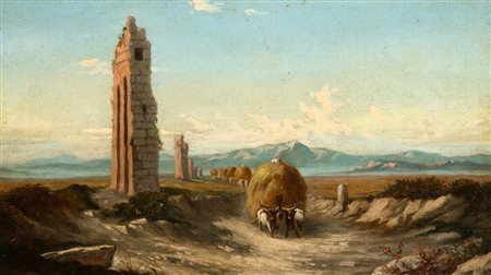 Hermann David Salomon Corrodi (Frascati 1844-Roma 1905)  - Carri di fieno lungo l'acquedotto nella Campagna romana