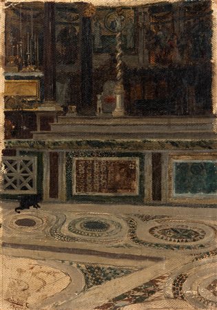 Cesare Tiratelli (Roma 1864-1933)  - Interno di chiesa con gatto nero
