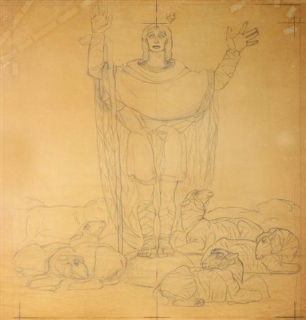 Duilio Cambellotti (Roma 1876-1960)  - Pastore, studio definitivo per il pannello graffito del portale della Chiesa de Il campo dei pastori di Beit-Sahur a Betlemme, anta sinistra