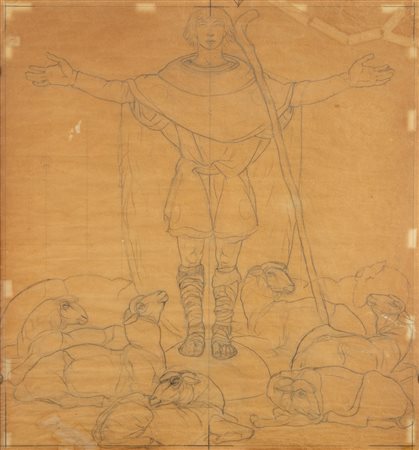 Duilio Cambellotti (Roma 1876-1960)  - Pastore, studio definitivo per il pannello graffito del portale della Chiesa de Il campo dei pastori di Beit-Sahur a Betlemme, anta destra, 1954