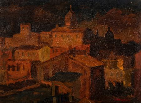 Achille Sdruscia (Roma 1910-1994)  - I tetti di Roma al tramonto