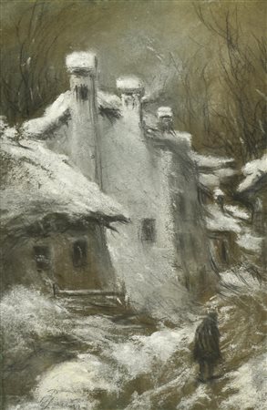 Pietro Piacenza PAESAGGIO INNEVATO tecnica mista su carta, cm 24x15 firma